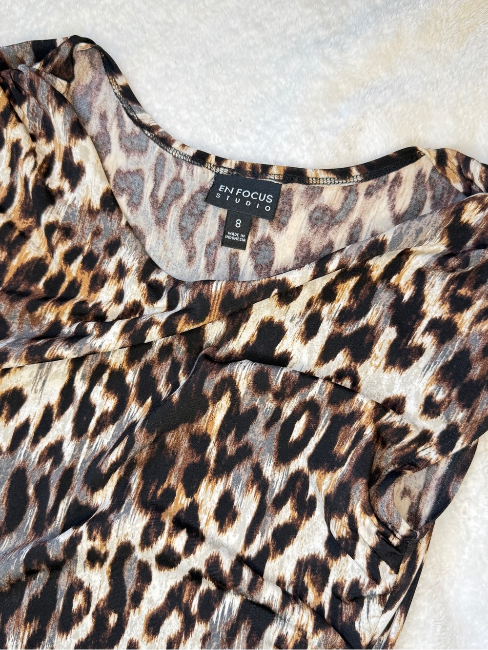 En Focus Studio Leopard Print Ruched Midi Dress Size 8 Fierce Chic - Picture 4 of 5